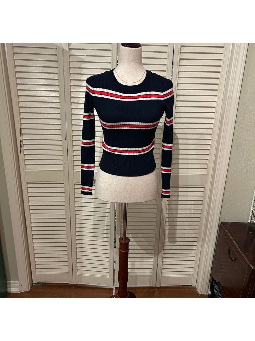 Pink Rose Navy Sweater with Red and White Stripes